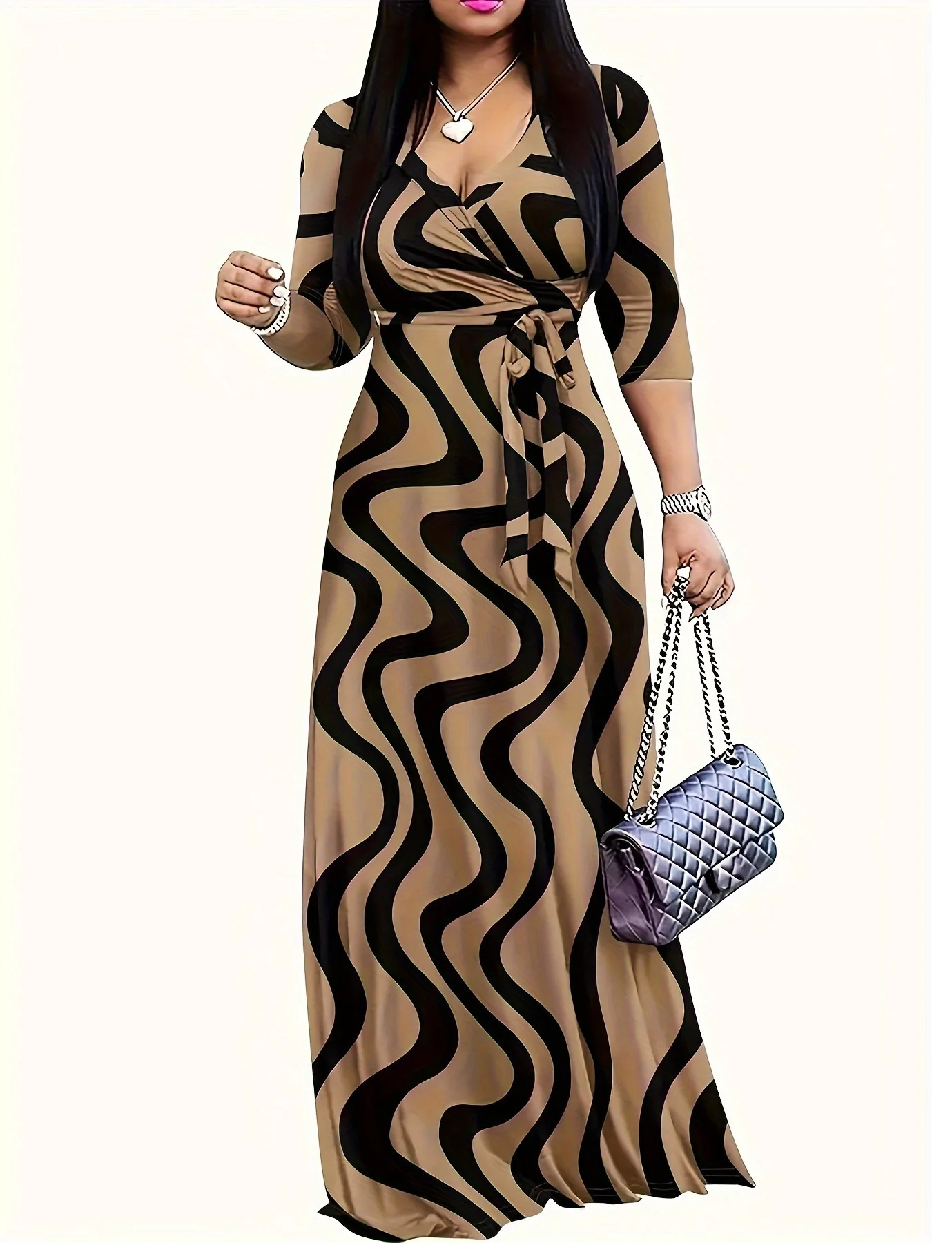 2024 autumn trendy women's printed casual v neck maxi dress elegant lace up natural washable eco friendly long elegant dress 2024 autumn trendy women's printed casual v neck maxi dress elegant lace up natural washable eco friendly long elegant dress