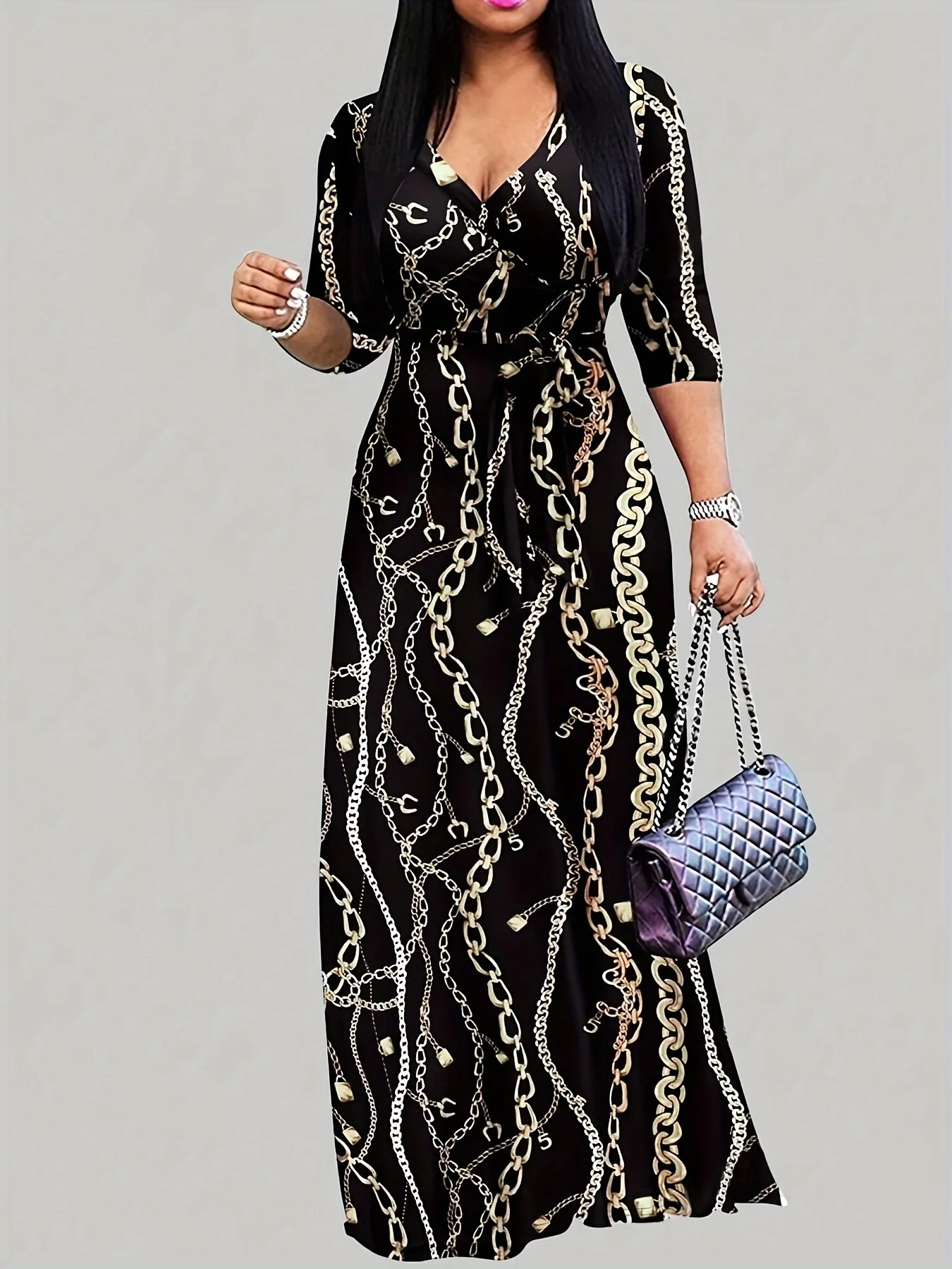 2024 autumn trendy women's printed casual v neck maxi dress elegant lace up natural washable eco friendly long elegant dress 2024 autumn trendy women's printed casual v neck maxi dress elegant lace up natural washable eco friendly long elegant dress